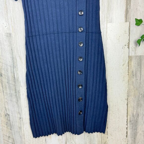 Free People Navy Rib Knit Sweater Mini Dress Short Sleeves Asymmetric Buttons S - Picture 6 of 10